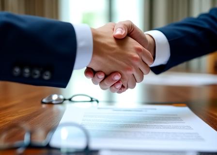 Two professionals shaking hands across a boardroom table with legal documents present