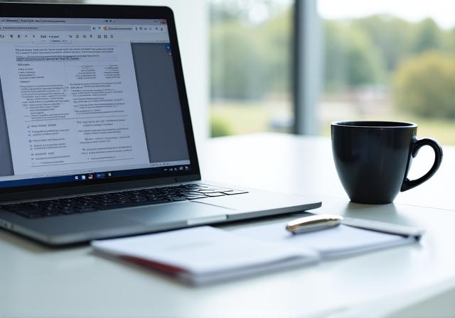 Stark minimalist desk with a laptop displaying a generic contract template