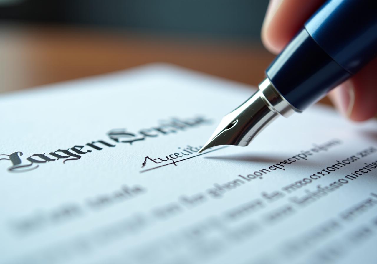 Close-up of a high-end fountain pen and a professional legal document on a mahogany desk