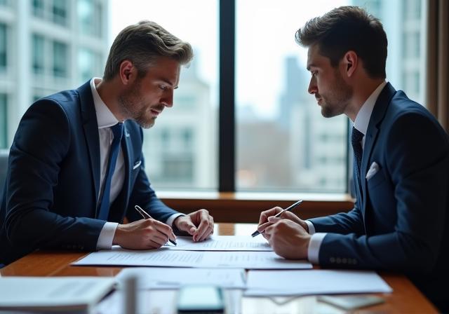 Professional legal consultant drafting a contract in a London office