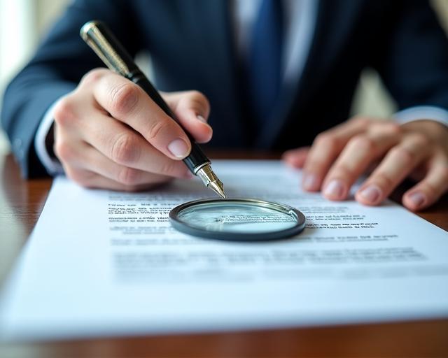 Close-up of a legal professional reviewing a complex document with a magnifying glass focus