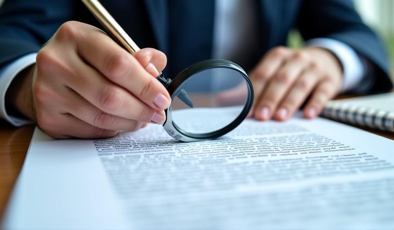 A lawyer carefully reviewing a document with a magnifying glass in a bright office