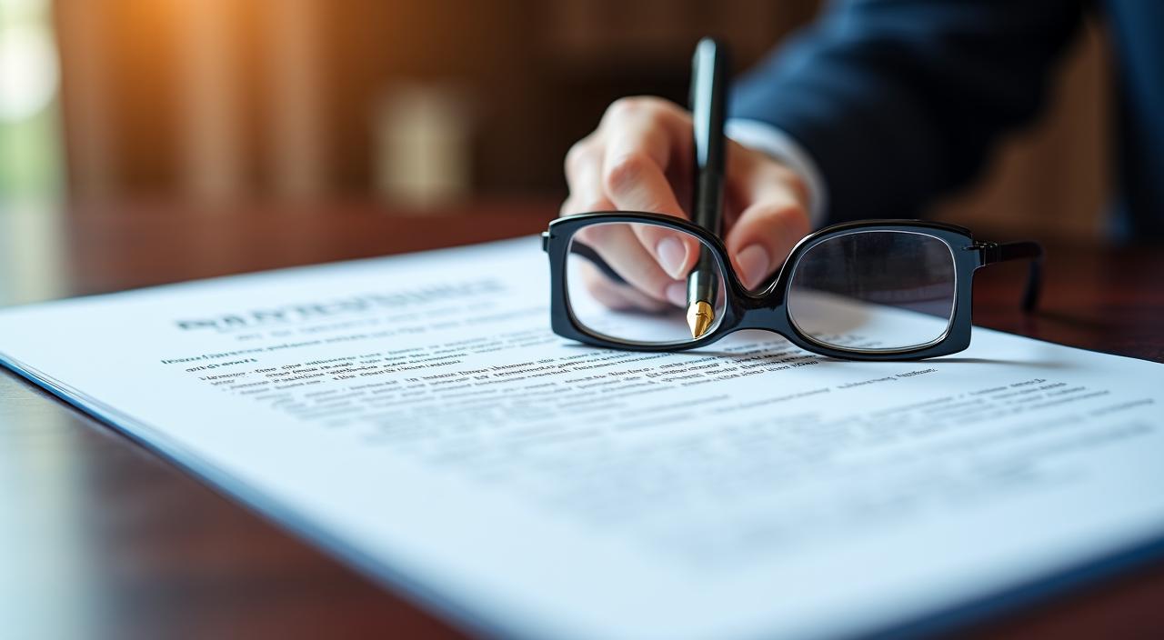 A professional legal document with a specialized fountain pen and glasses on a wooden desk